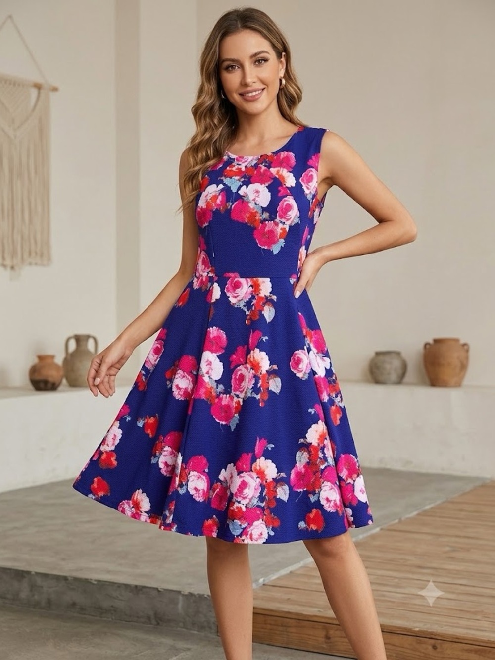 Sleeveless Blue Floral Fit & Flare Mini Dress